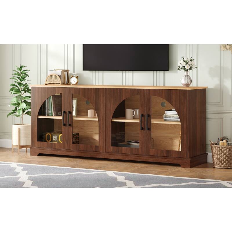 Farmhouse TV Stand with Semi-Arched Glass Doors for TVs Up to 70",Adjustable Shelves,Wood Grain Sideboard with Cable Management