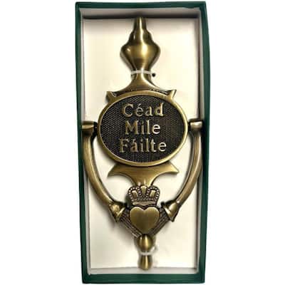 Brass Cead Mile Failte Oval Claddagh Door Knocker with Irish Symbolism
