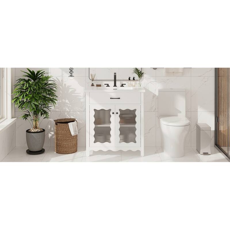 Roomfitters 31" Bathroom Vanity with Tempered Glass, Modern Cabinet with Rubber Wood Legs and Soft-Close Doors