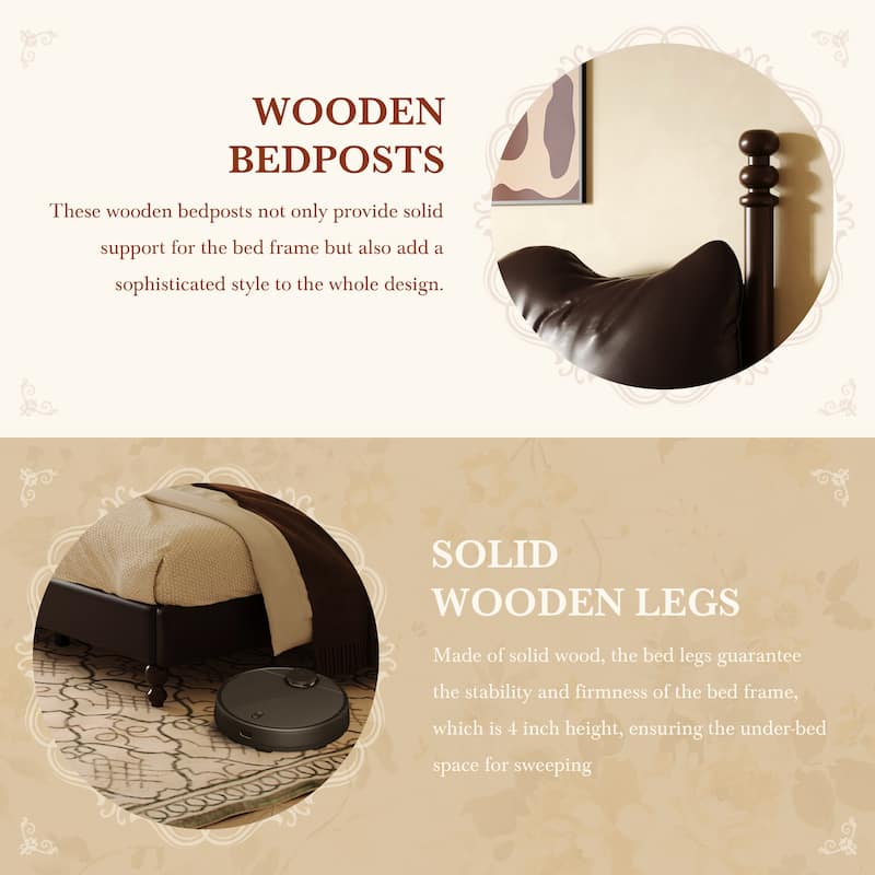 Christopher Knight Home - Eno Modern PU Leather Upholstered Platform Bed Frame with Wood Bedposts, No Box Spring Needed