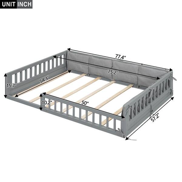 dimension image slide 0 of 2, Wood Full Size Upholstered Platform Bed with Guardrail and Pillow