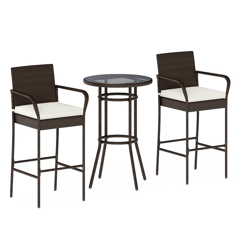 Outdoor Patio Bar Set 2 Barstools 1 Table PE Wicker Metal Frame Cushioned Backyard Furniture - 17.5" W x 21" D x 46" H