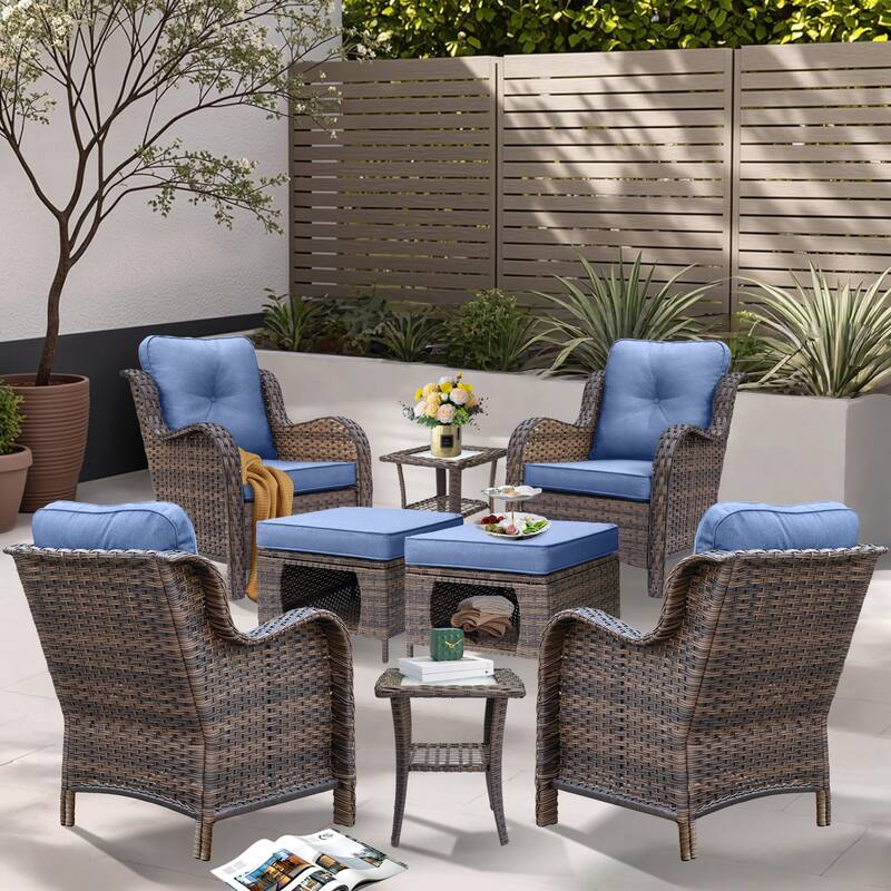 8 Piece Outdoor Wicker Patio Furniture Conversation Chair and Ottoman Set