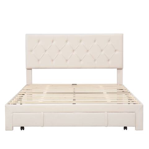 Queen Size Tufted Upholstered Platform Bed with Removable Drawer, 81.3''L*60.2''W*15.4''H, 82LBS