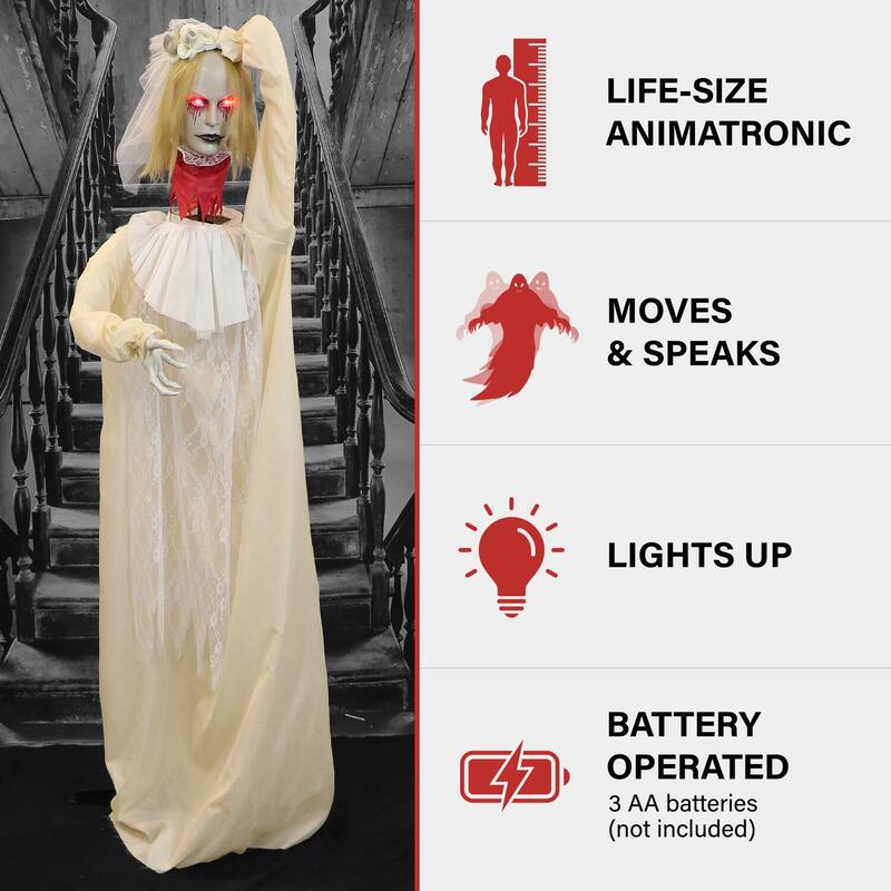 Haunted Hill Farm Poppy the Animatronic Zombie Bride with Pop-Up Head and Light-Up Eyes for Scary Halloween Decoration