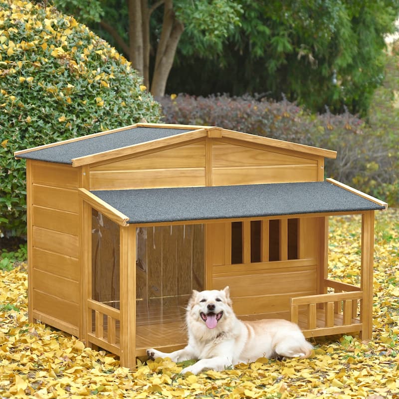 Outdoor Detachable Wooden Elevated Dog House Pet House with Porch, Ventilated, Weatherproof, Suitable for Small and Medium Dogs - Yellow