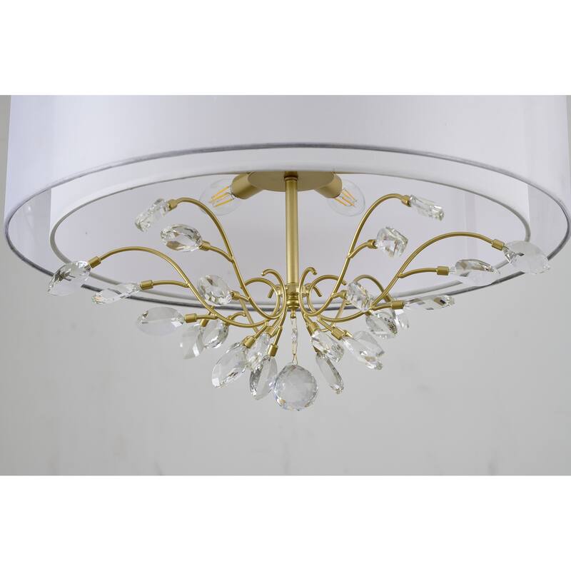 6-Light Aged Silver Branch Chandelier With A Fabric Shade And Crystals