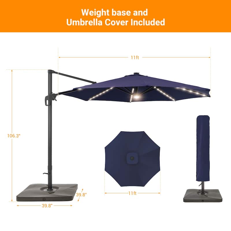 BONOSUKI 11ft LED Aluminum Patio Cantilever Offset Umbrella with Base