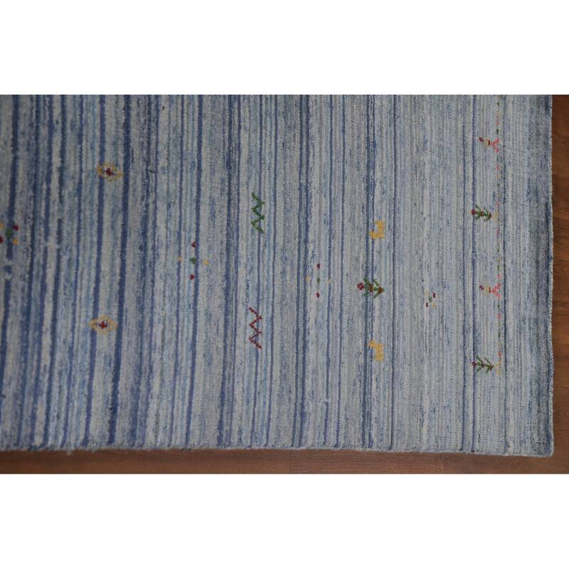 Striped Blue Gabbeh Oriental Area Rug Handmade Wool Carpet - 7'9"x 9'7"