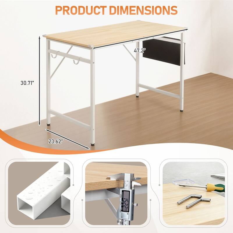 47.2” Computer Desk for Home Office - Study Writing Desk with Storage, Side Hooks & Adjustable Feet