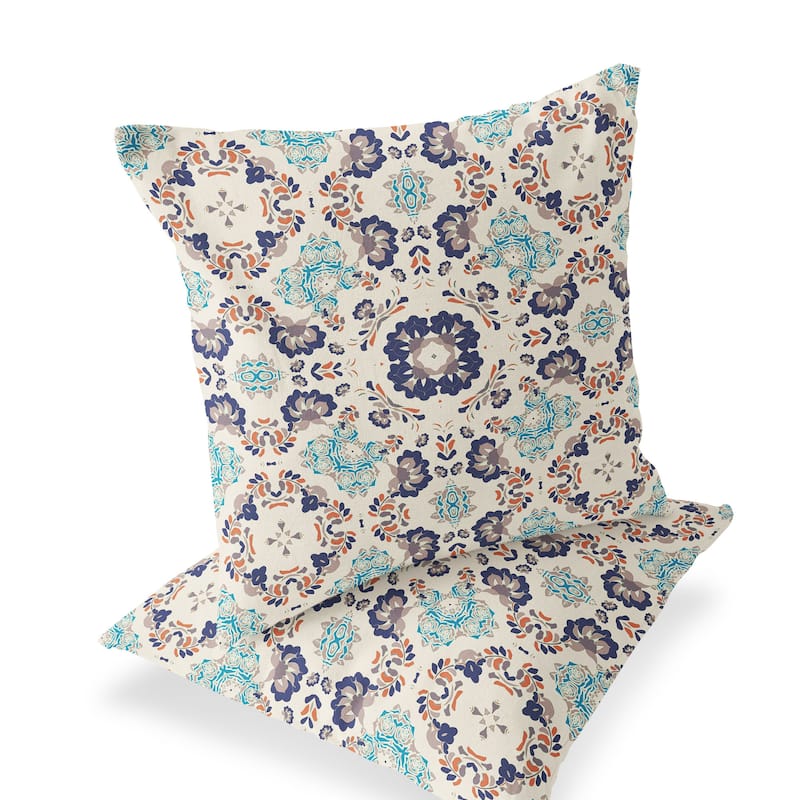 HomeRoots Set of Two 16" X 16" Blue and Off White Blown Seam Floral Indoor Outdoor Throw Pillow - 16.00' X '16.00' X '5.00
