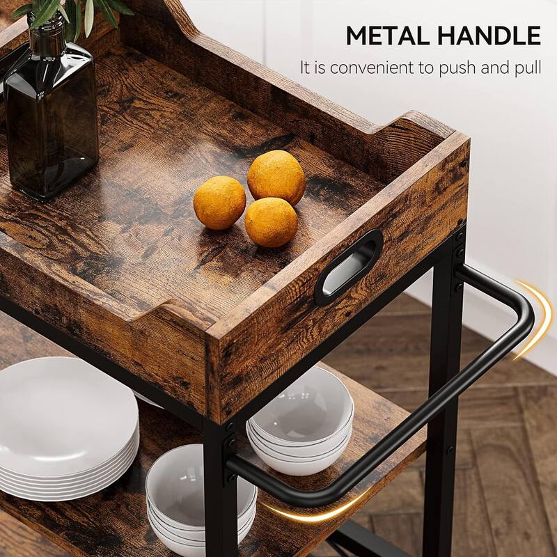 3 Tier Home Bar Serving Cart with Wine Rack and Glass Holders