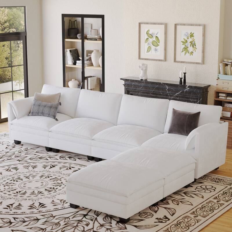 U-Shaped Sectional Sofa with Movable Ottoman, Oversized Fabric Upholstered 6 Seater Sofa, Deep Seat Sofa with Side Pockets