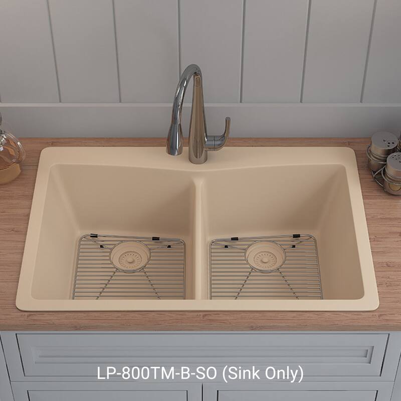 33 Inch Lexicon Platinum Quartz Composite Drop-in Undermount Double Bowl Galaxy Beige Kitchen Sink LP-800TM-B-SO