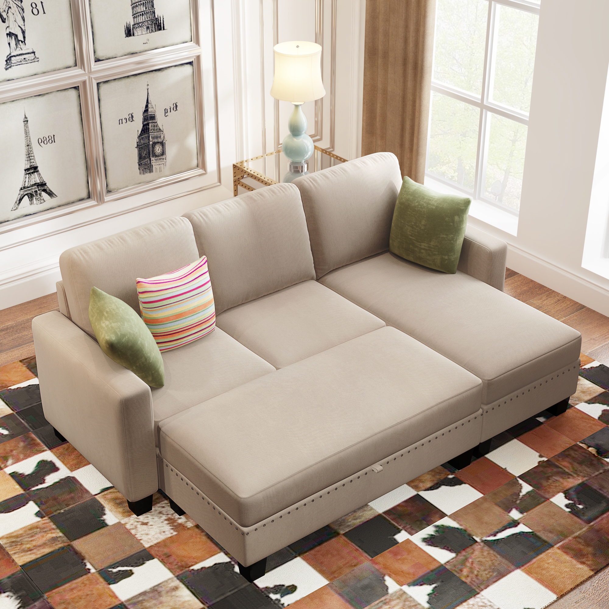 Reversible sleeper sectional with ottoman store