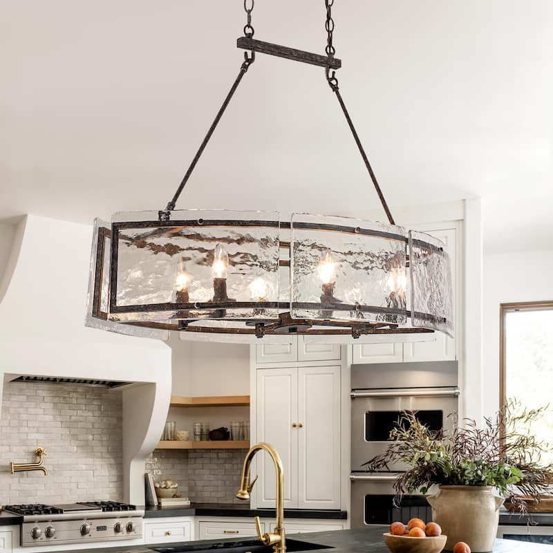39.4" Linear 6-Light Textured Glass Chandelier Farmhouse Kitchen Island Pendant Light - Vintage Black
