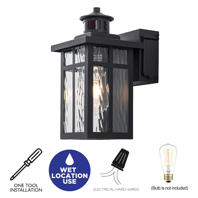 C Cattleya Matte Black Motion Sensor Dusk to Dawn Outdoor Wall Light with Water Glass and GFCI Outlet