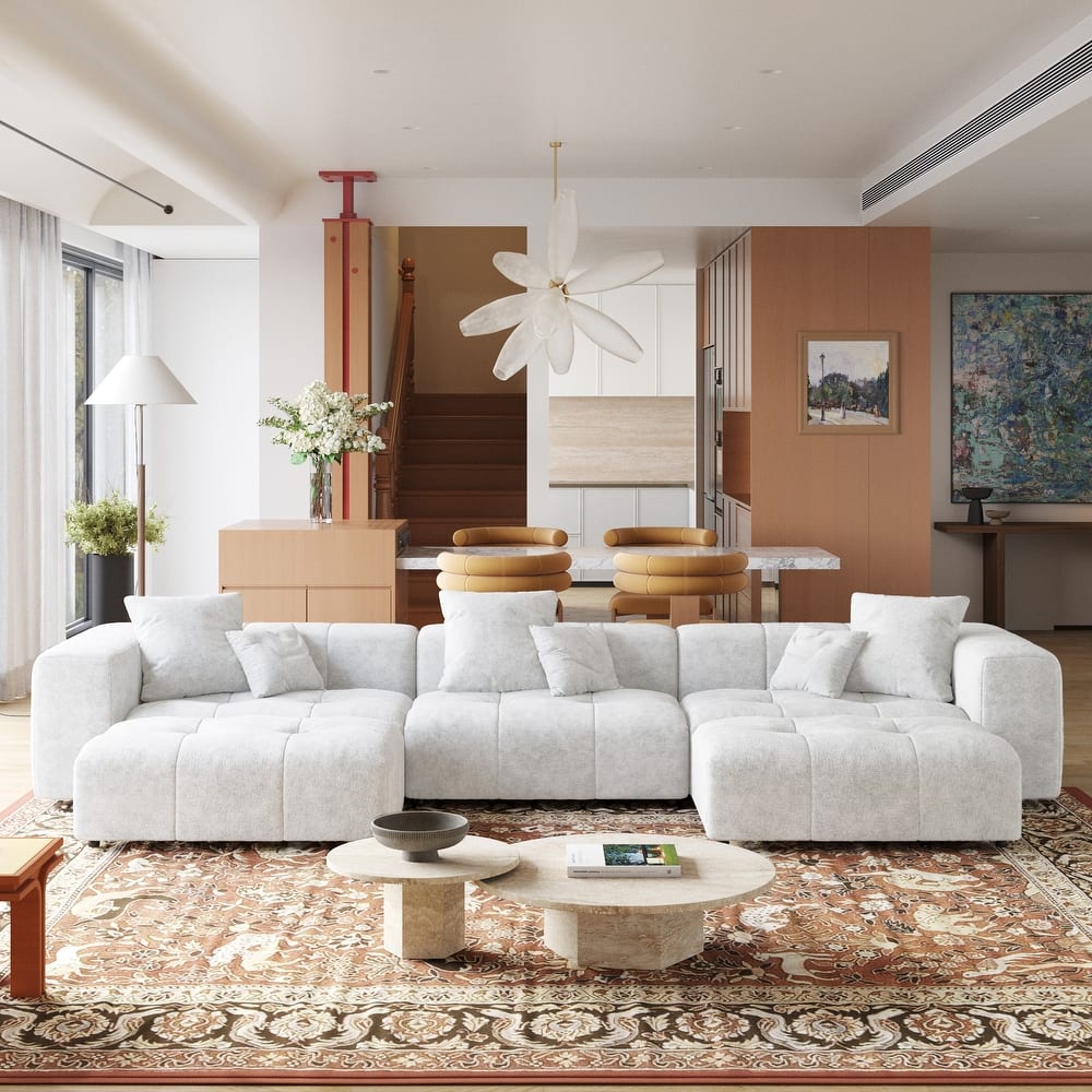 Extra Large U Shaped Linen Modular Sectional Couch with Ottoman for Living Room