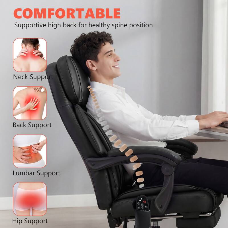 HOMCOM Massage Office Chair with Lumbar Heat, Ergonomic Executive Desk Chair with Footrest 6 Points Vibration, High Back PU