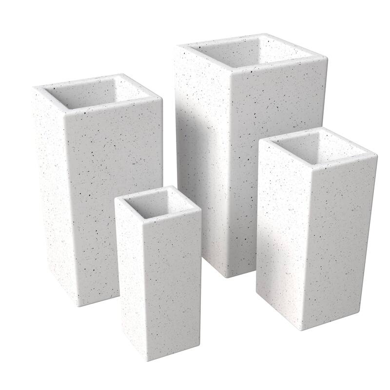 Terra 4-Piece Tall Square Fiberstone and MGO Clay Planter Set With Drainage Holes for Home Office Garden Patio Porch Yard