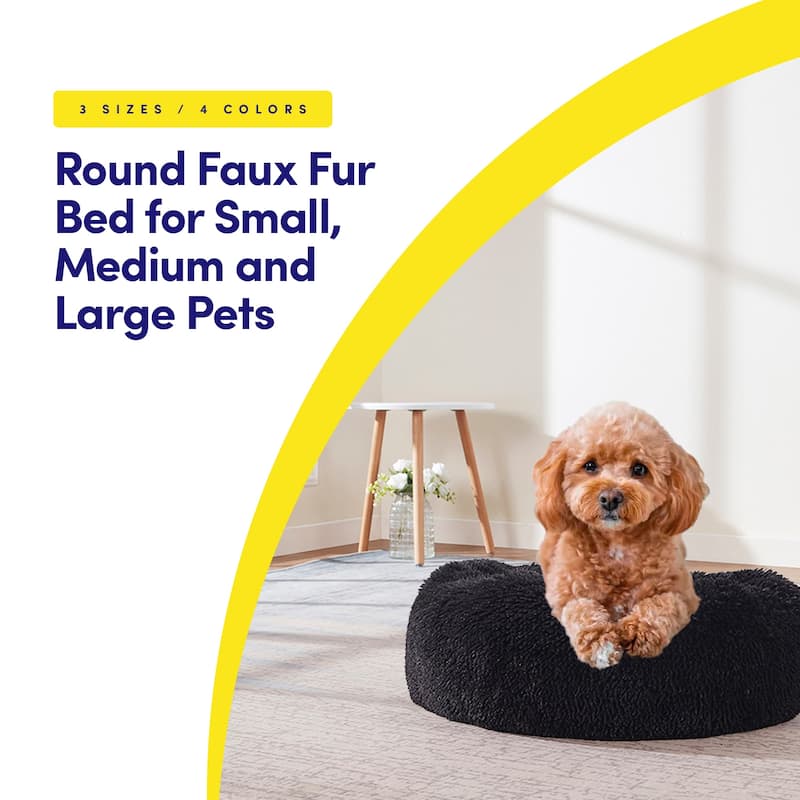 Round Calming Soft Warm Shaggy Plush Faux Fur Donut Pet Dog Cat Sleeping Bed - Black - 30"