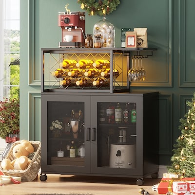Bar Cart with Charge Station and LED Light, Rolling Home Bar Liquor Cabinet - 31.5'' W