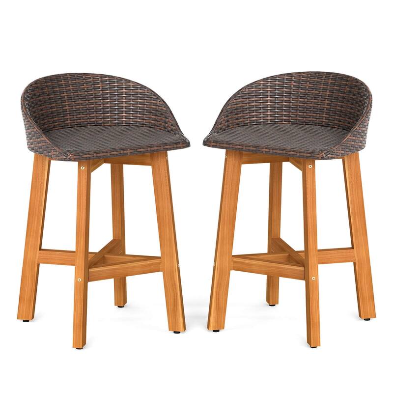 Costway Outdoor Faux Rattan Bar Chairs Set of 2/4 Solid Acacia Wood - See Details - Brown-2 PCS