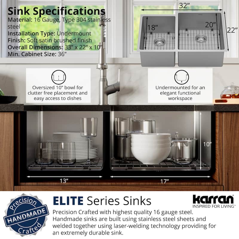 Karran Elite Undermount Stainless Steel 33 in. 16-Gauge Double Bowl KItchen Sink Kit