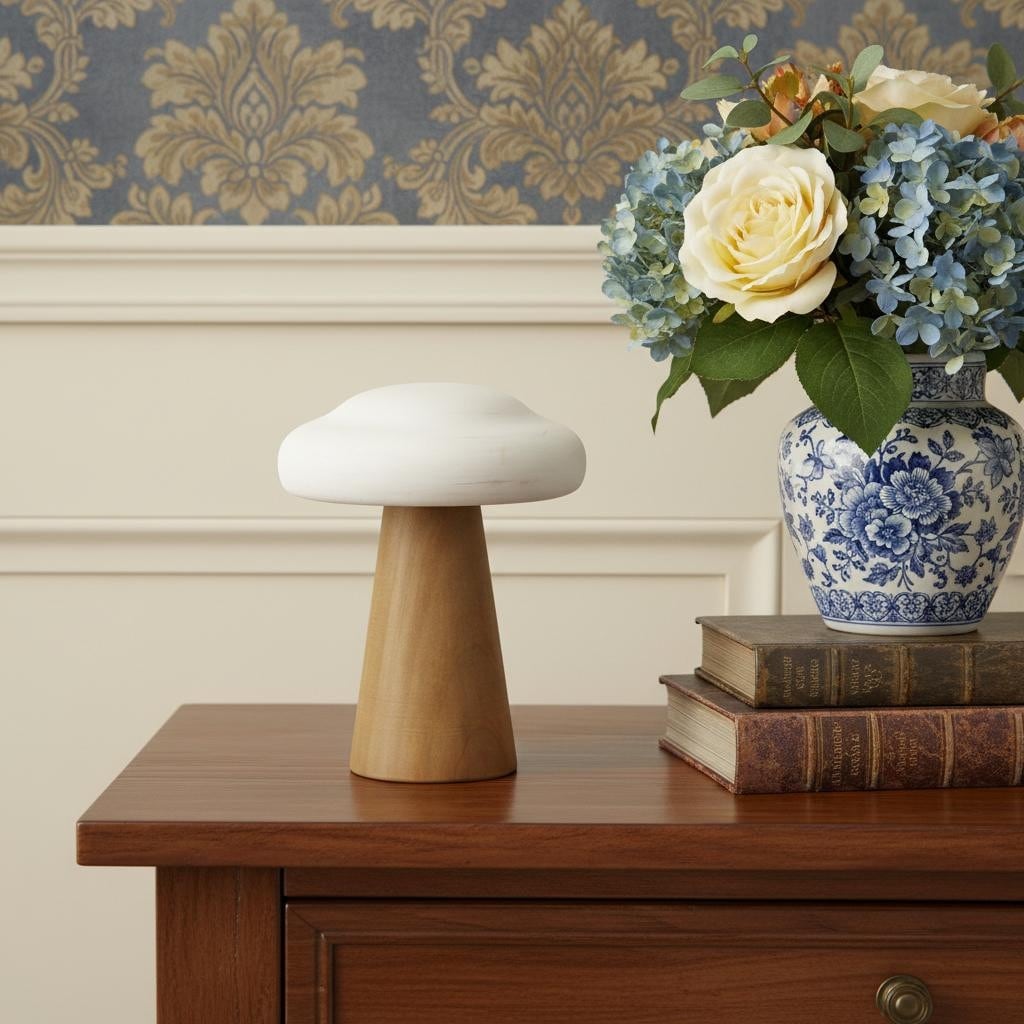 HomeRoots 7" Brown And White Wood Hand Painted Mushroom Tabletop Sculpture - 5.50 in. x 6.75 in. x 5.50 in.