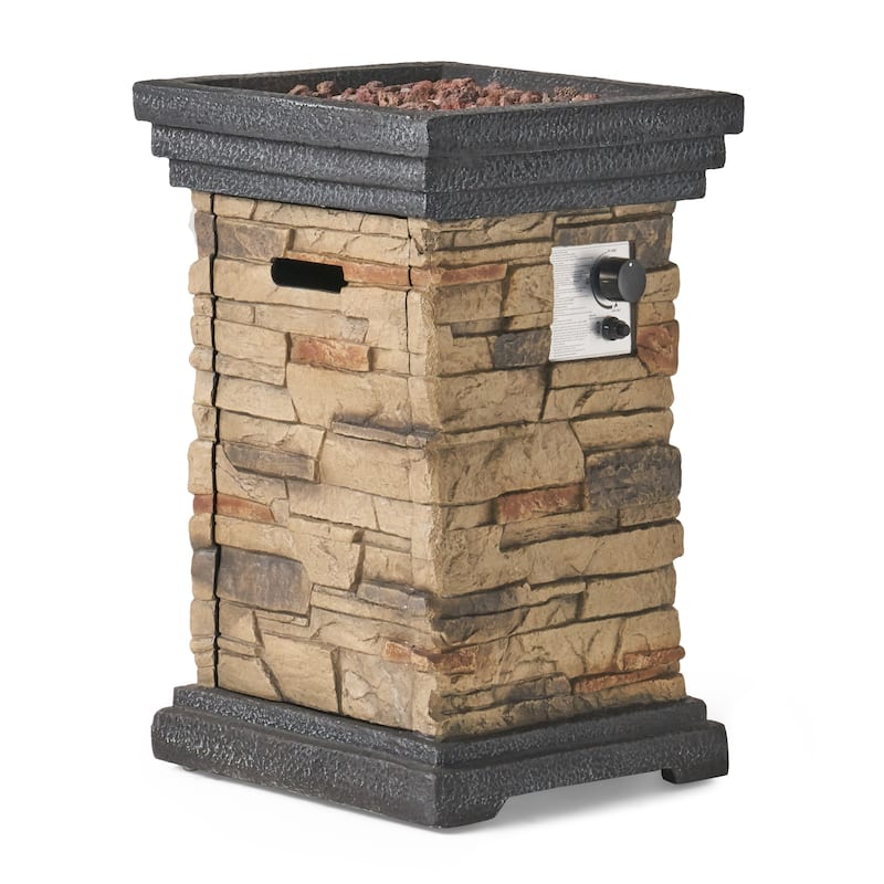 Roomfitters Outdoor Gas Fire Pit with Realistic Stone-Look Magnesium Oxide Column, Weather-Resistant Patio Heater, Beige