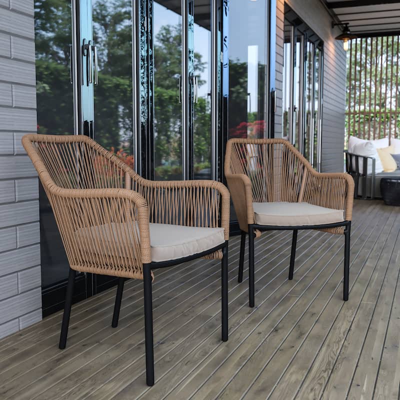 Woven Indoor/Outdoor Stacking Club Chairs - Cushions-Set of 2 - 22"W x 27"D x 31.25"H - Natural/Ivory