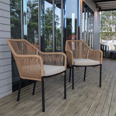 Woven Indoor/Outdoor Stacking Club Chairs - Cushions-Set of 2 - 22"W x 27"D x 31.25"H