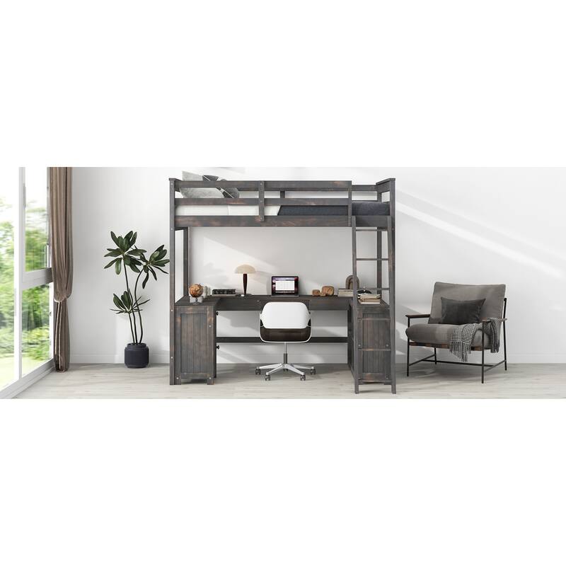 Roomfitters Full Size Wood Loft Bed with U-Shaped Desk, Drawers and Storage Shelves, Antique Brown
