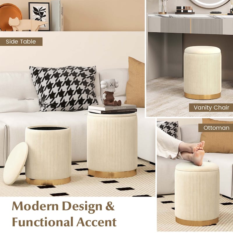 Costway Velvet Storage Ottoman Set of 2 Modern Round Ottoman with - See Details