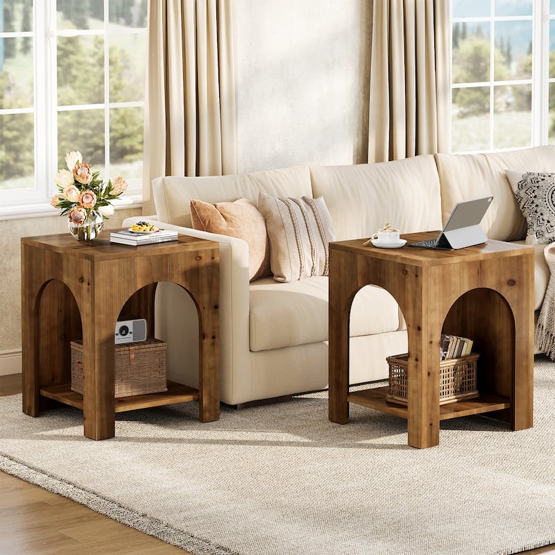2 Tier End Table for Living Room, Square Couch Side Table for Bedroom, Farmhouse Style - 2-Pieces