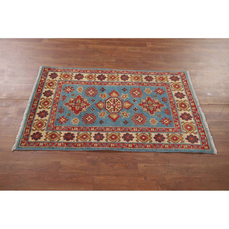 Light Blue Geometric Kazak Rug Hand-Knotted Oriental Wool Carpet - 2'8" x 3'11"
