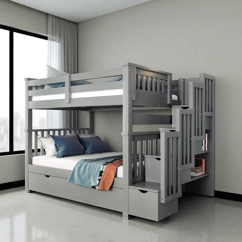 Full Over Full Bunk Bed with Staircase, Shelves, 6 Drawers, Storage and Safety Guardrails for Kids or Teens - Grey - Full