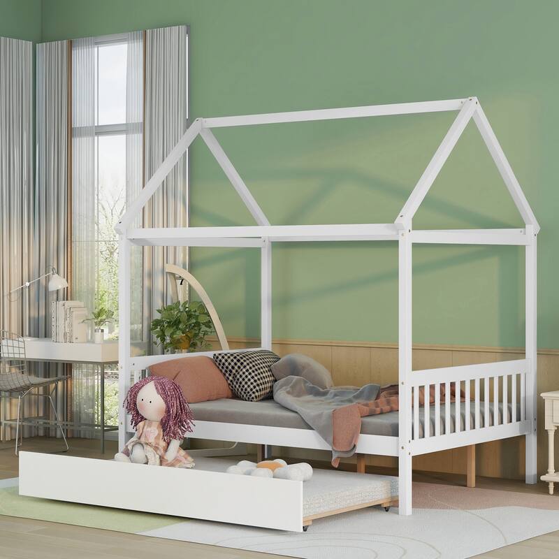 Full Wood House Bed with Trundle & Roof