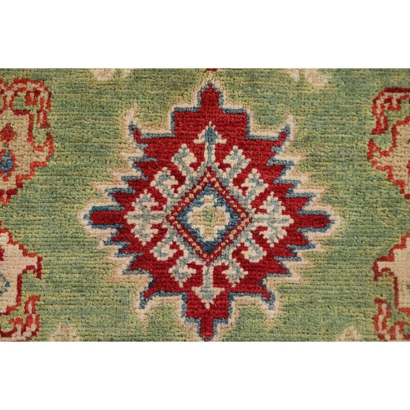 Light Green Geometric Kazak Foyer Rug Hand-Knotted Wool Carpet - 2'10" x 4'2"