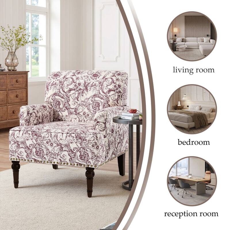 Striped Upholstered Linen Armchair with Brass Nailhead Trim