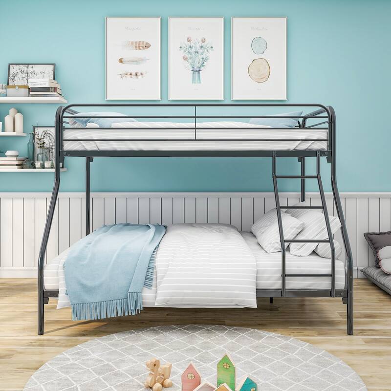 Sturdy Twin-Over-Full Metal Bunk Bed with Enhanced Guardrail and Storage Space - Black