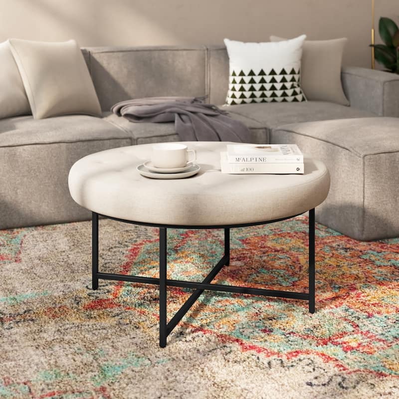 Tufted Round Cotton Linen Ottoman with Iron Frame - Beige