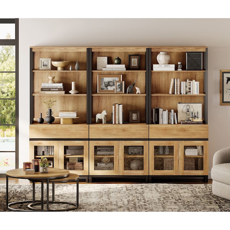 3 PCS Modern 72" Tall Bookcase with 3 Drawers and Open Book Shelfs for Home Office, Living room. - 7'9" x 9'9" - Oak
