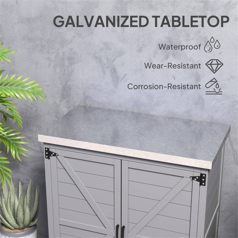 Fir Wood Garden Storage Bench with Galvanized Worktable - 31.1" W x 16.9" D x 36.2" H