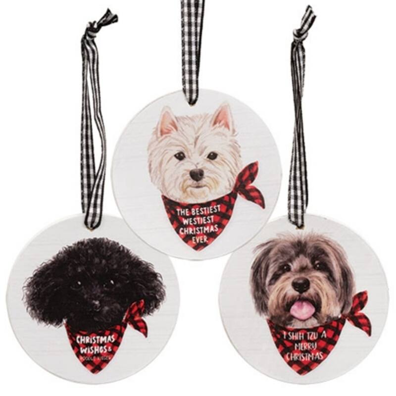 Dog Breed Christmas Tree Ornaments Wooden Round Poodle Shih Tzu and Westie Decorations 3 Asstd. - 3" Dia x 0.25”Depth