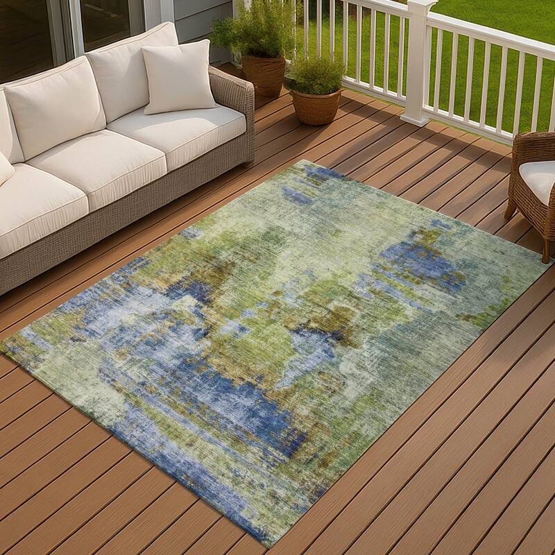 Machine Washable Indoor/ Outdoor Abstact Contemporary Chantille Rug - Green - 10' x 14'