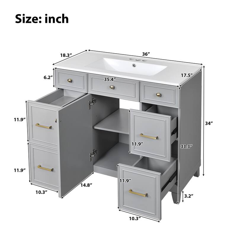 36 Inch Freestanding Bathroom Vanity with White Ceramic Basin and Door and Drawers