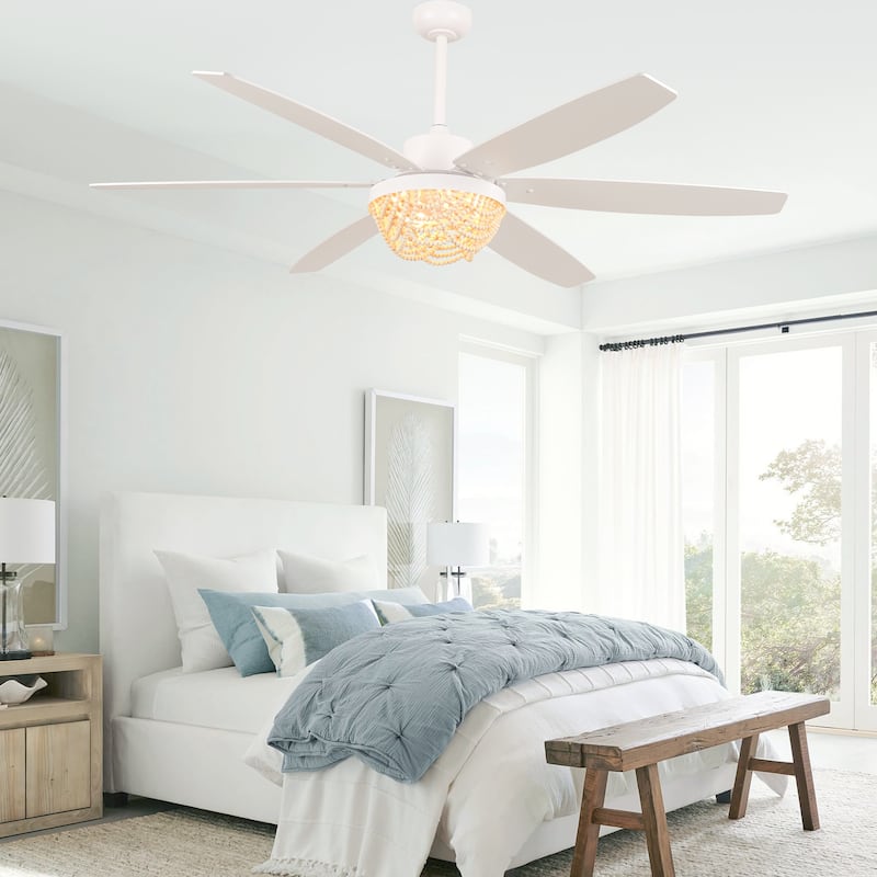 Bella Depot 65" Bohemia Large White Ceiling Fan with Light and Remote 6-Speed Modern Chandelier Fan Wood Bead Shade