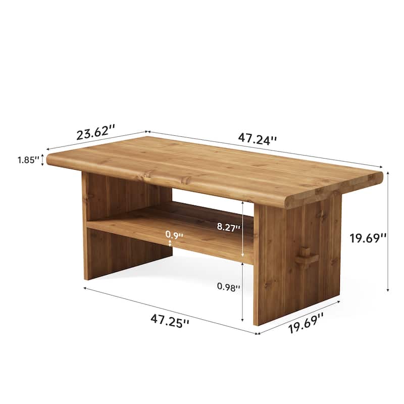47-Inch Solid Wood Coffee Table for Living Room, 2-Tier Rectangular Center Table