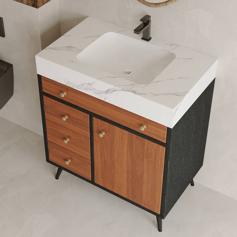 GDFStudio - Bristol Modern 29.9" Freestanding Bathroom Vanity with Sintered Stone Top, Ceramic Sink & Stainless Steel Legs